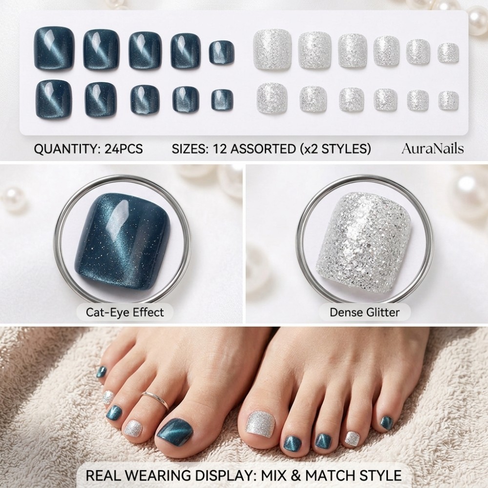 24PCS Ocean Blue Cat Eye Toena - Nail Art Glitter recension och pris