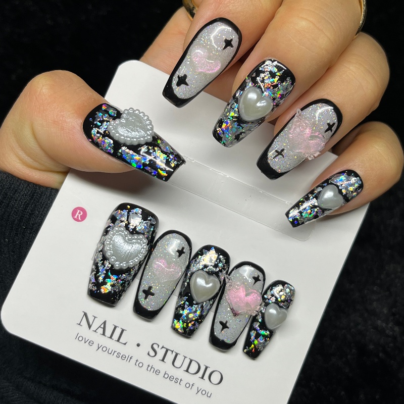10PCS Gothic Black Press on Na - Nail Art Glitter recension och pris