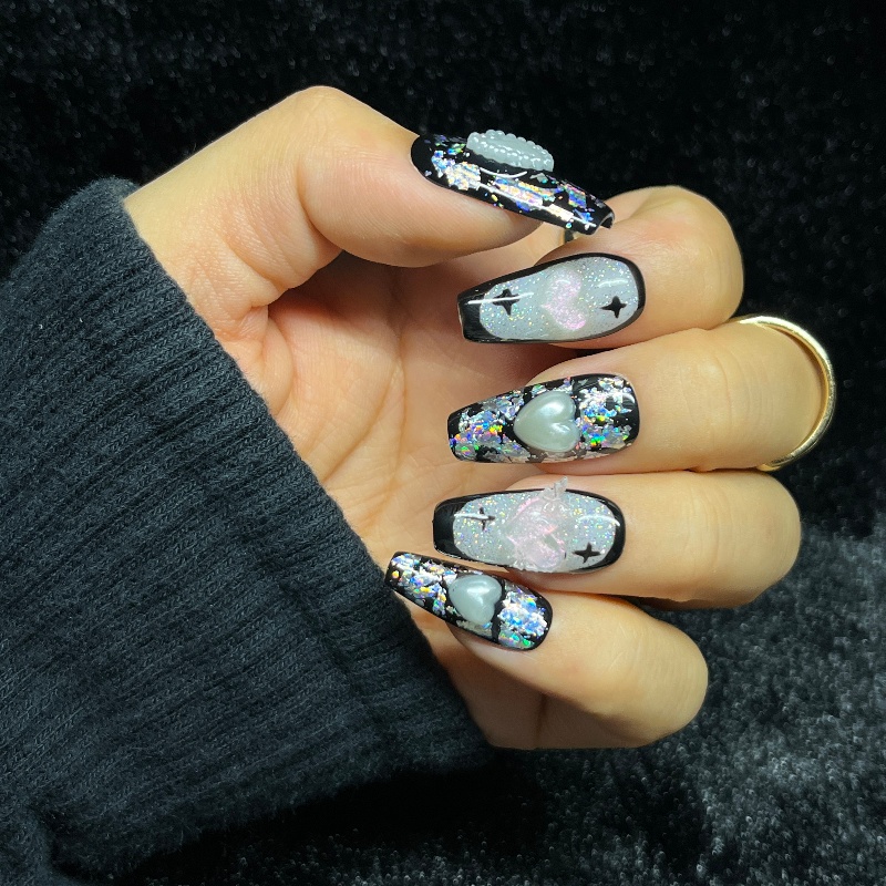 10PCS Gothic Black Press on Na - Nail Art Glitter recension och pris